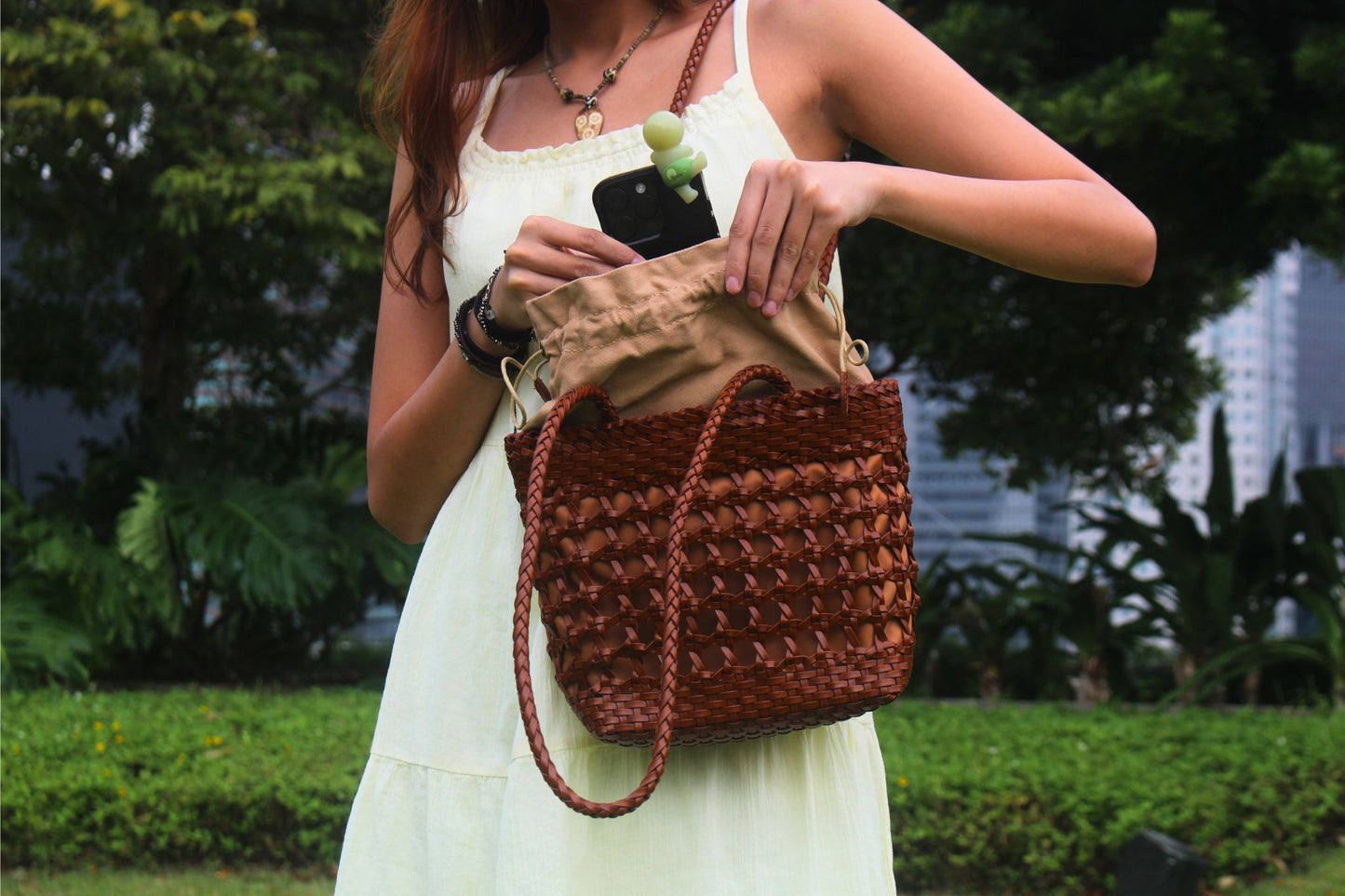 Women's genuine cowhide leather handbag handwoven Basket design