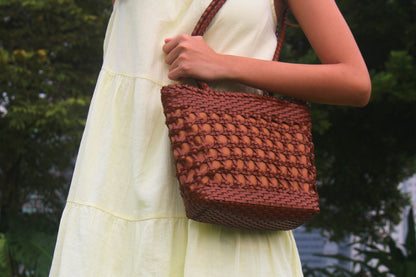 Women's genuine cowhide leather handbag handwoven Basket design