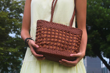 Women's genuine cowhide leather handbag handwoven Basket design