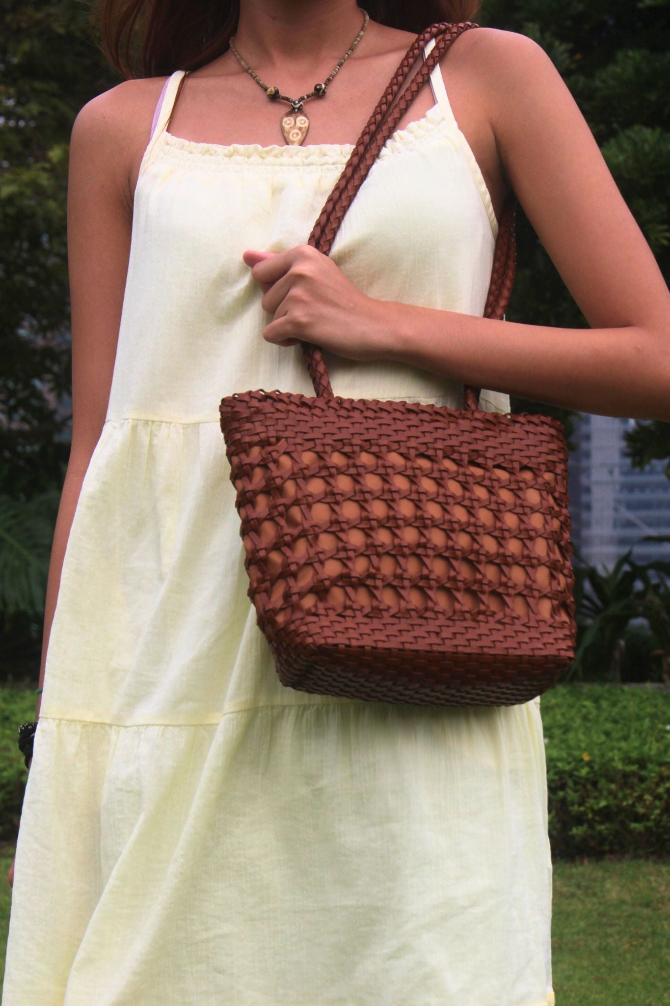 Women's genuine cowhide leather handbag handwoven Basket design