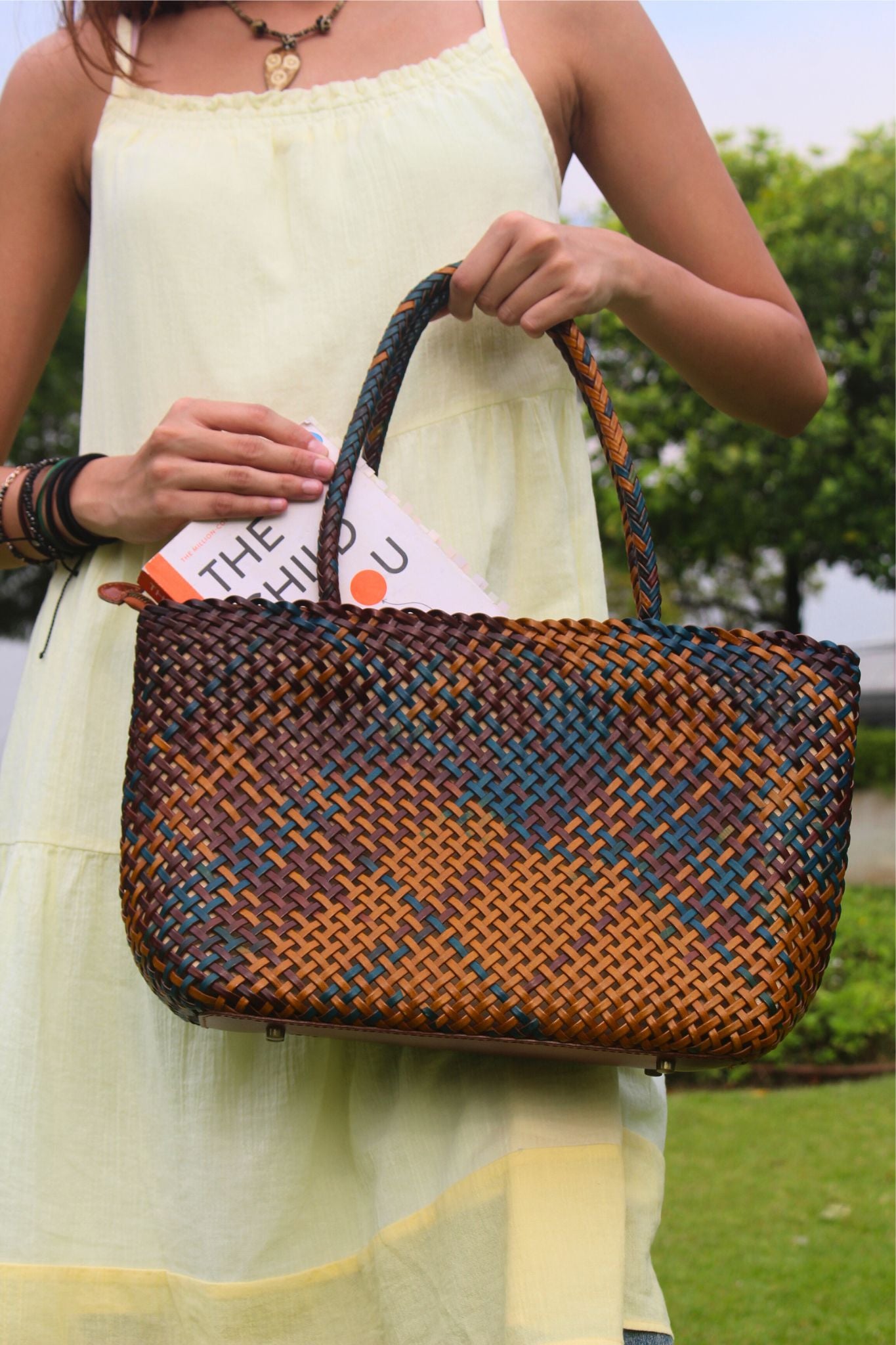 Women's handwoven genuine cowhide leather handbag Top Handle shopping tote V2