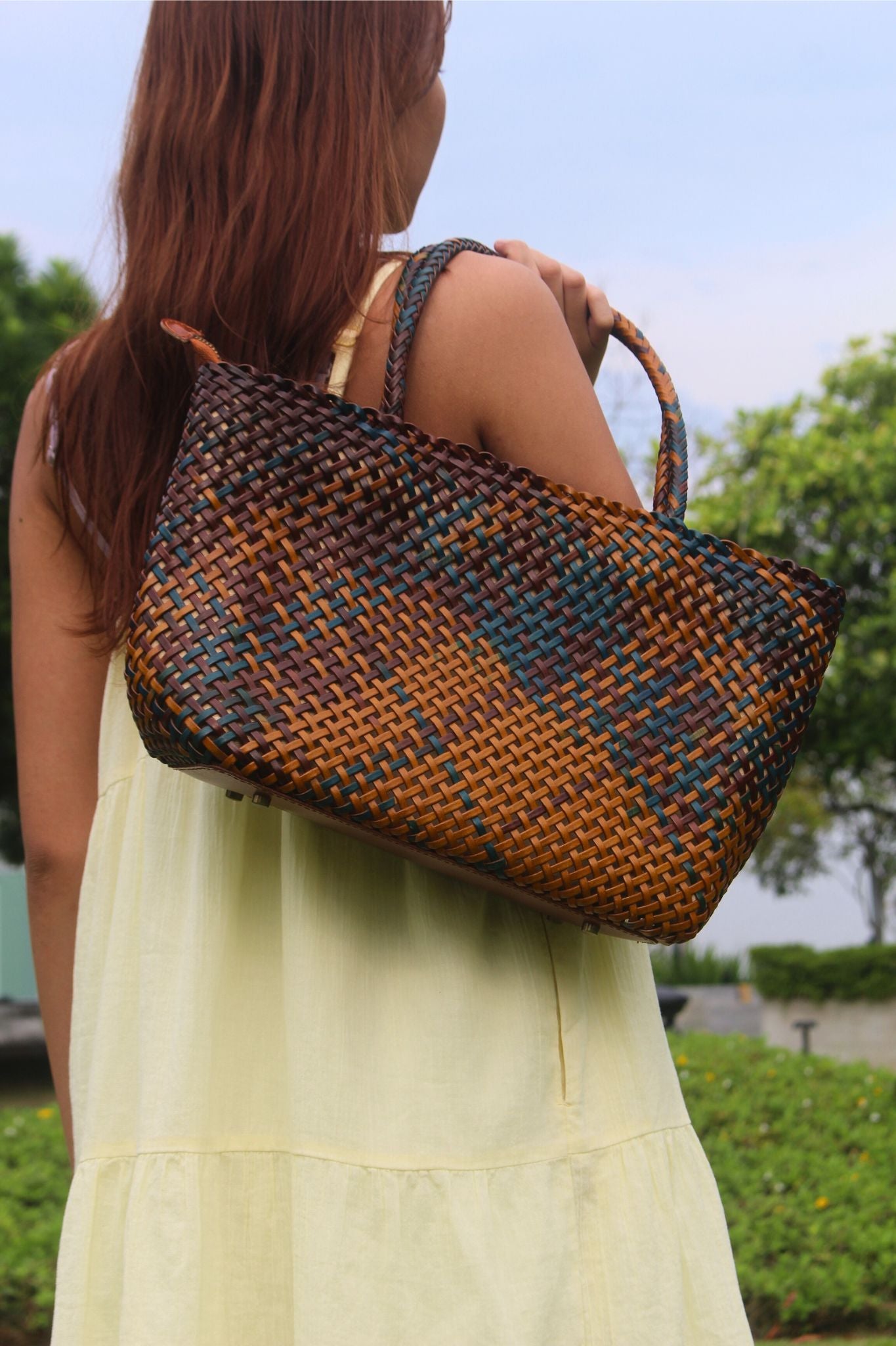 Women's handwoven genuine cowhide leather handbag Top Handle shopping tote V2
