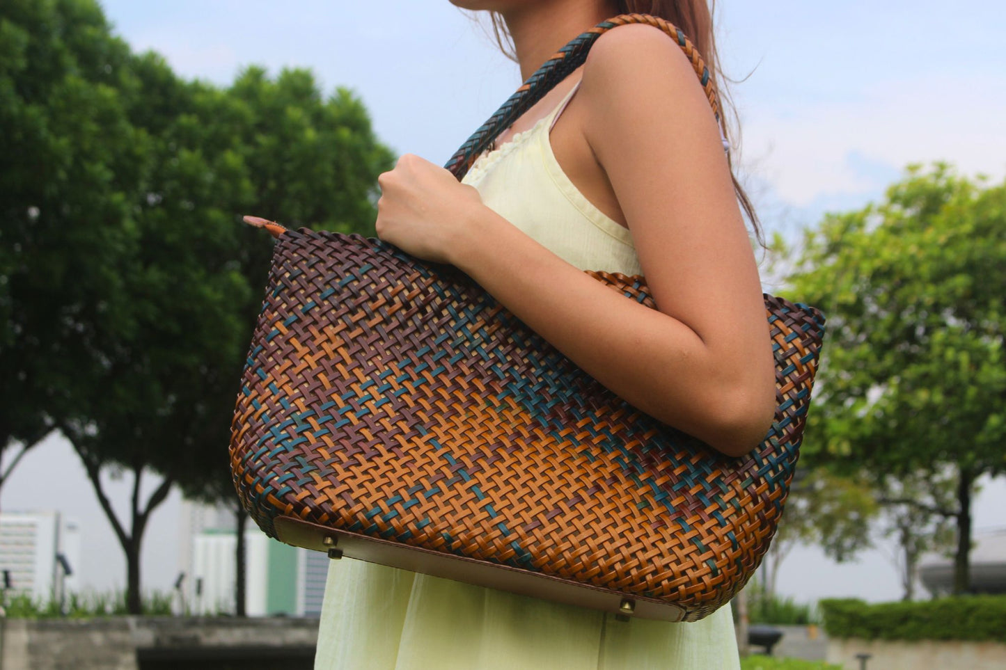 Women's handwoven genuine cowhide leather handbag Top Handle shopping tote V2