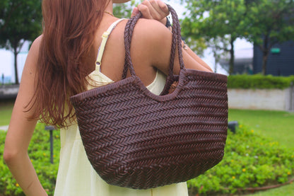 Women's handwoven genuine cowhide leather handbag Top Handle shopping tote V3