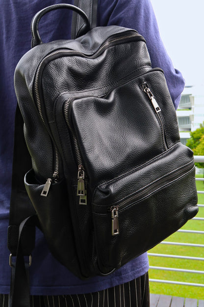 Unisex cowhide leather backpack multi zip design