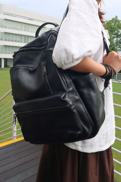 Unisex cowhide leather backpack multi zip design