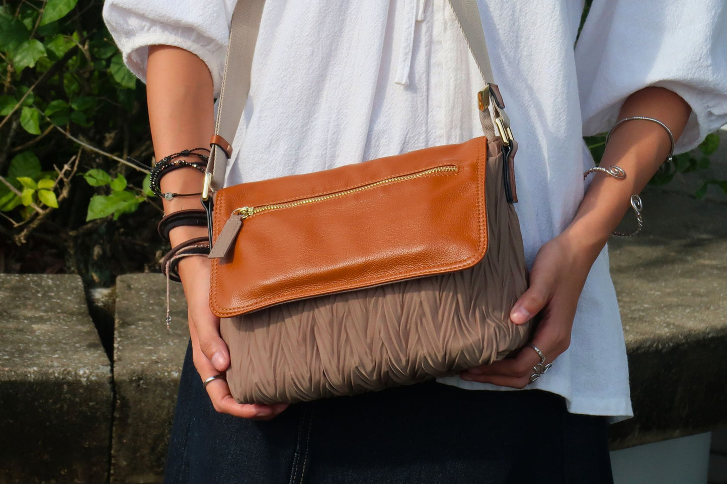 Women's nylon mix genuine cowhide leather messenger bag