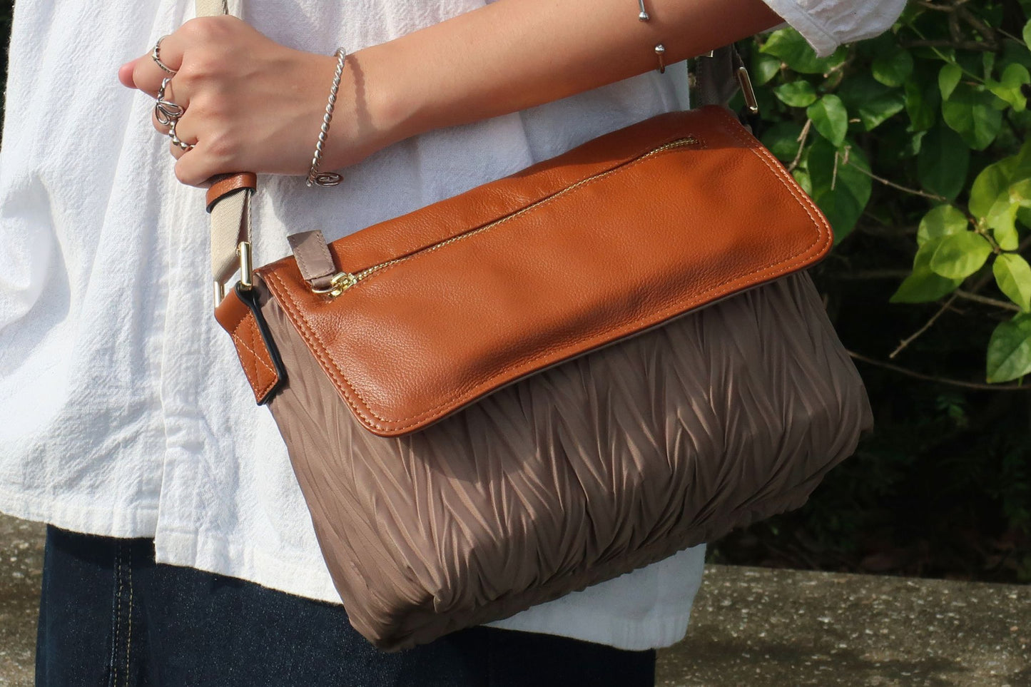 Women's nylon mix genuine cowhide leather messenger bag