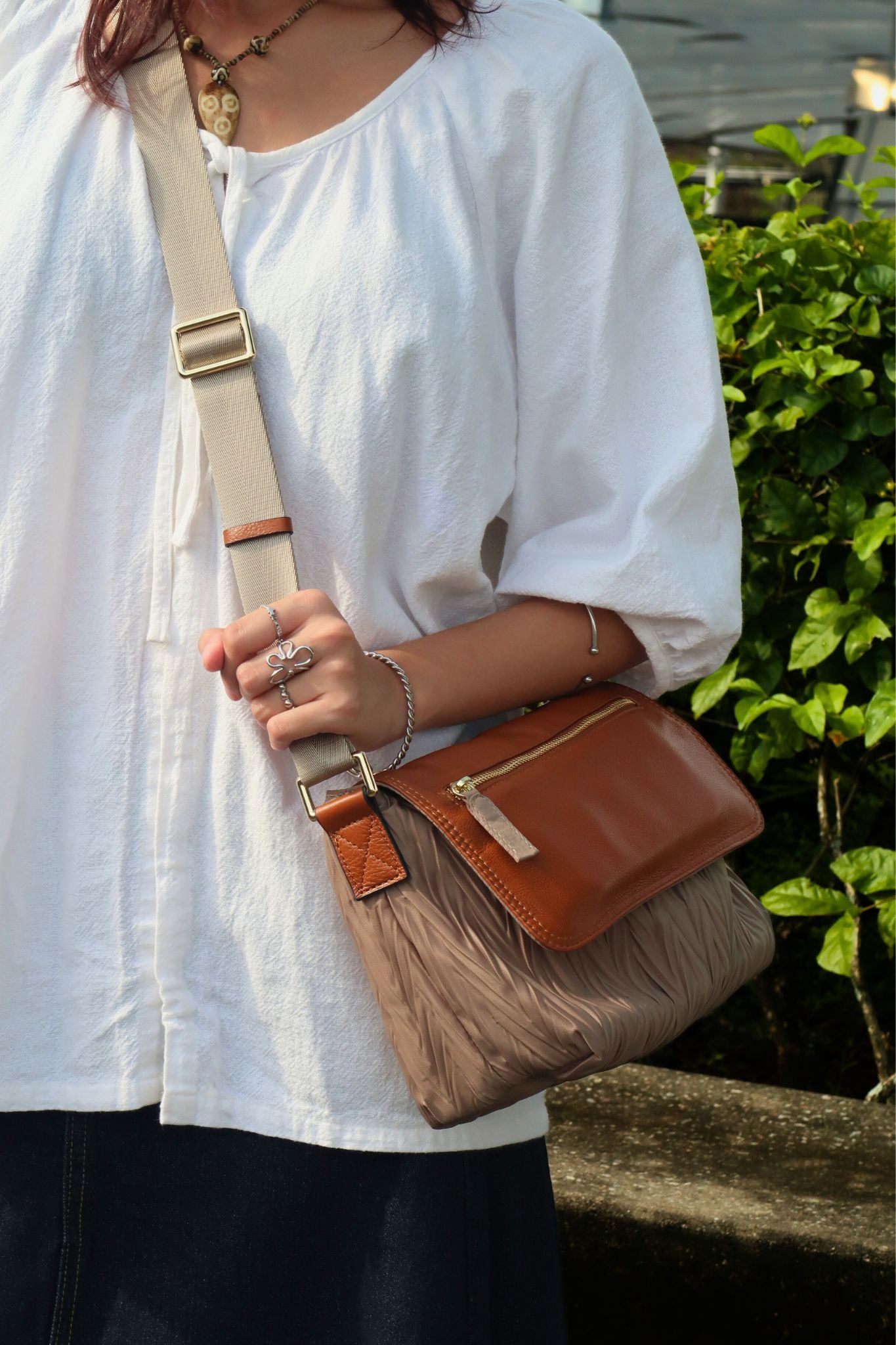 Women's nylon mix genuine cowhide leather messenger bag