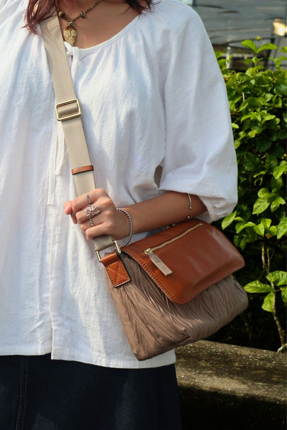 Women's nylon mix genuine cowhide leather messenger bag