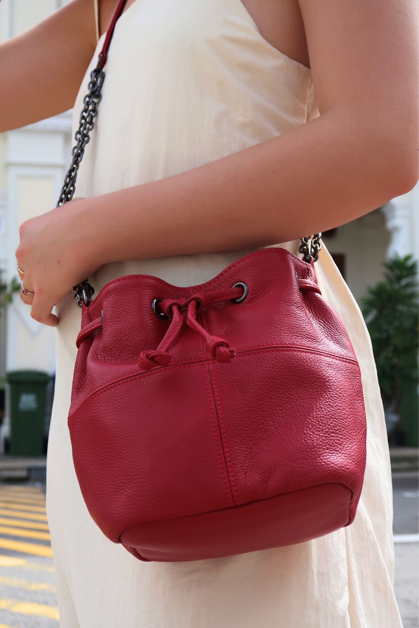 Women's genuine cowhide leather mini bucket bag with 2 straps