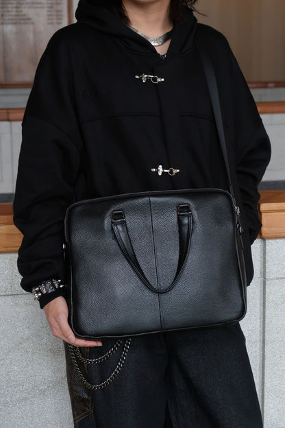 Triple zip unisex cowhide leather briefcase laptop bag with sling