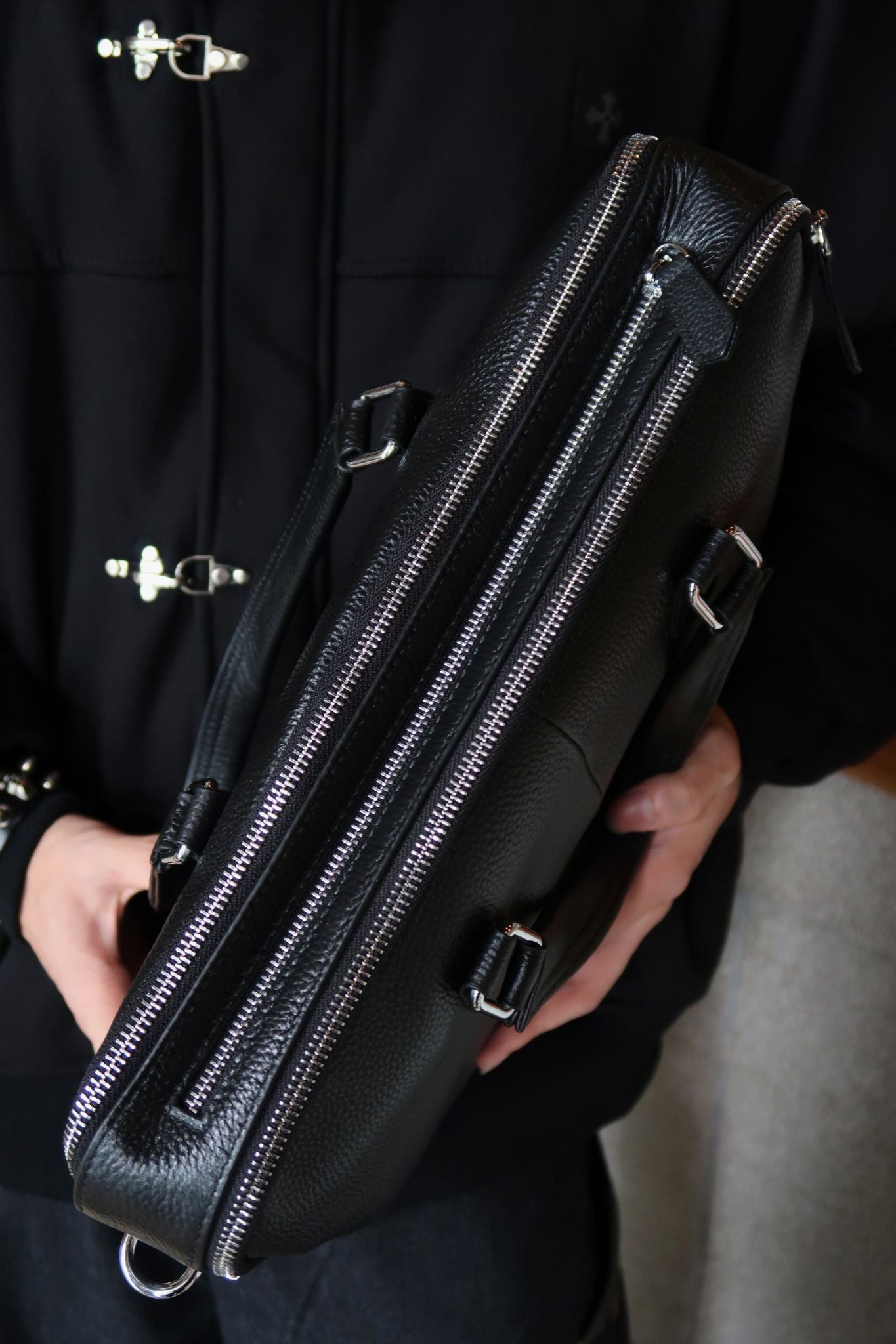 Triple zip unisex cowhide leather briefcase laptop bag with sling