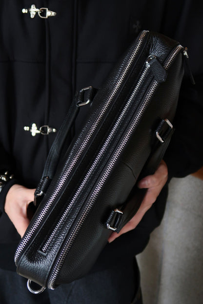 Triple zip unisex cowhide leather briefcase laptop bag with sling