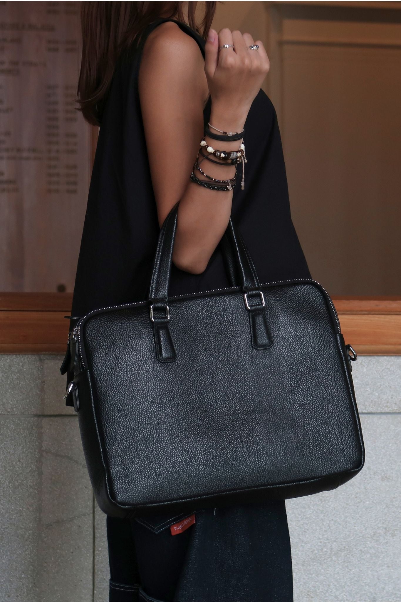 Triple zip unisex cowhide leather briefcase laptop bag with sling