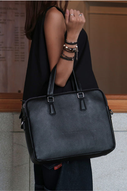 Triple zip unisex cowhide leather briefcase laptop bag with sling