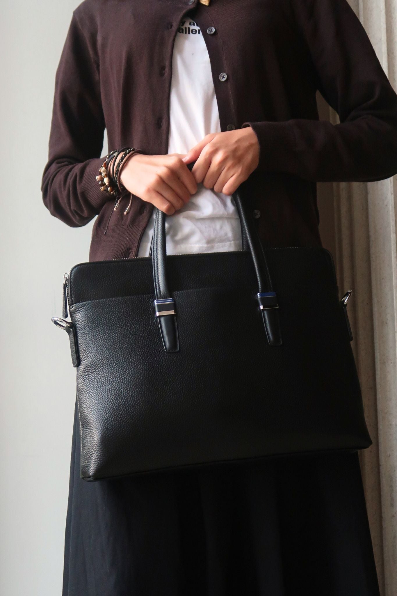 Unisex genuine cowhide leather slim briefcase laptop bag with sling Marcel design