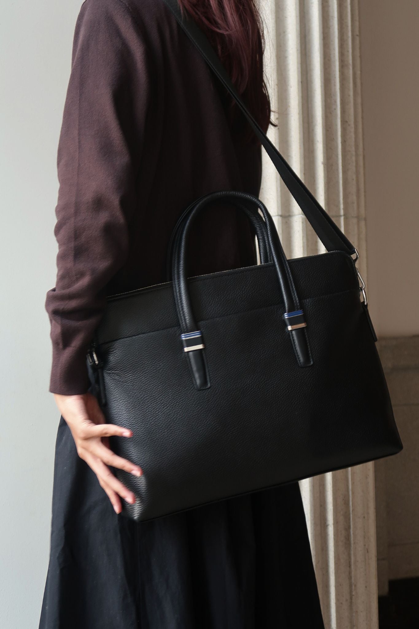 Unisex genuine cowhide leather slim briefcase laptop bag with sling Marcel design