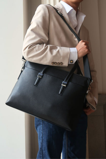 Unisex genuine cowhide leather slim briefcase laptop bag with sling Marcel design