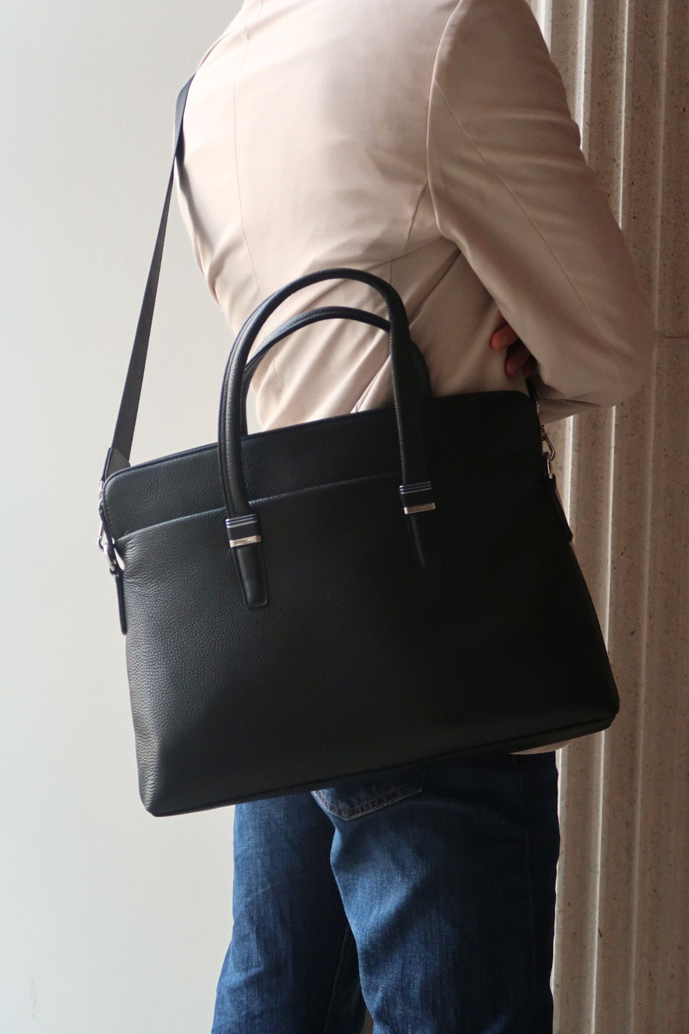 Unisex genuine cowhide leather slim briefcase laptop bag with sling Marcel design