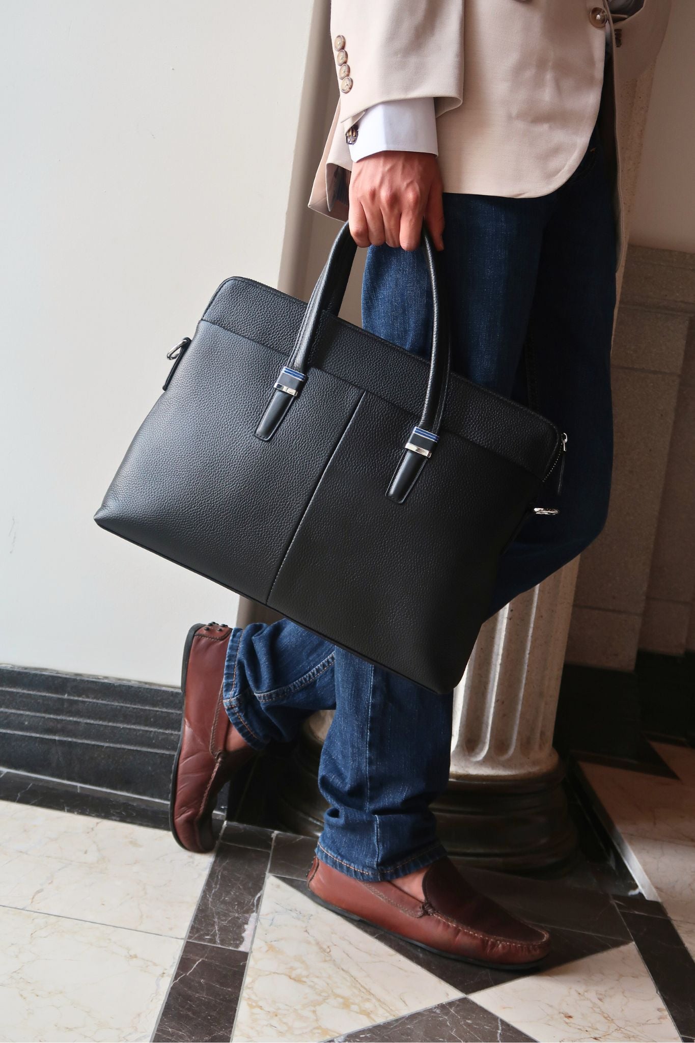 Unisex genuine cowhide leather slim briefcase laptop bag with sling Marcel design