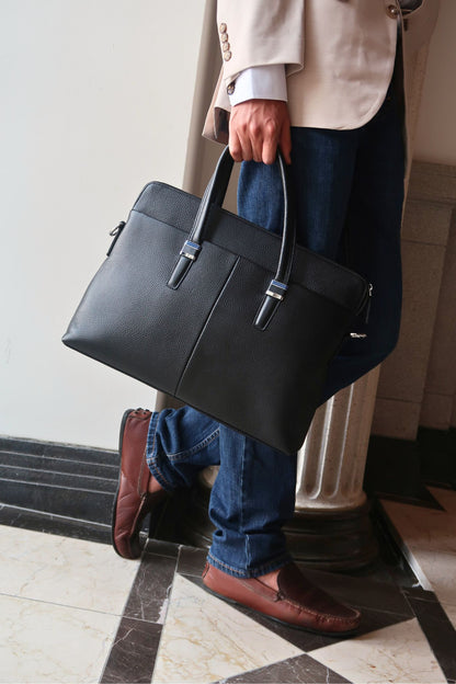 Unisex genuine cowhide leather slim briefcase laptop bag with sling Marcel design