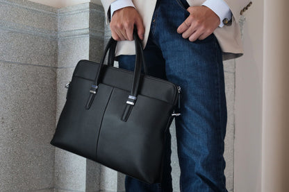Unisex genuine cowhide leather slim briefcase laptop bag with sling Marcel design