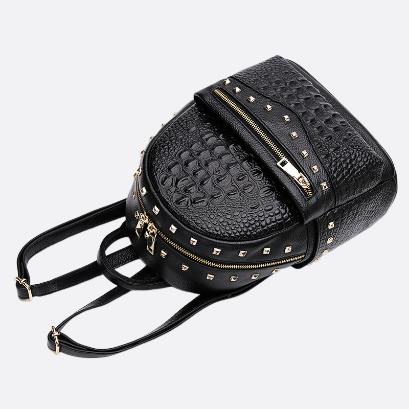 Women's cowhide leather backpack in crocodile print Rivet design