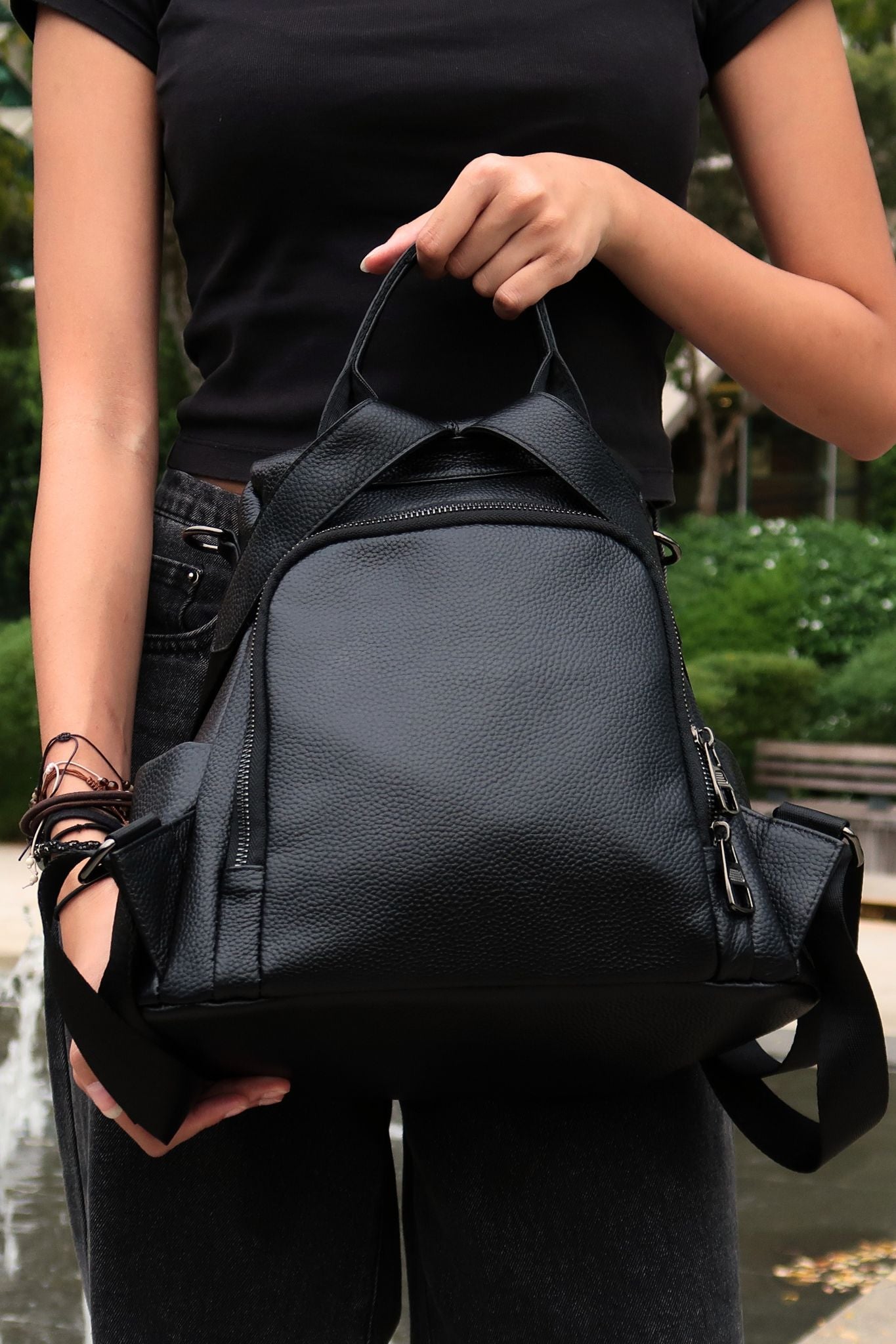 Women's cowhide leather Flap design anti theft backpack