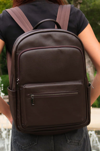 Unisex cowhide leather Multi zip V3 design backpack with luggage/trolley sleeve