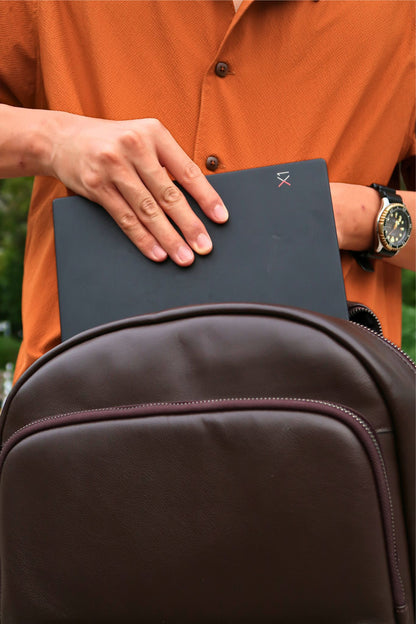 Unisex cowhide leather Multi zip V3 design backpack with luggage/trolley sleeve