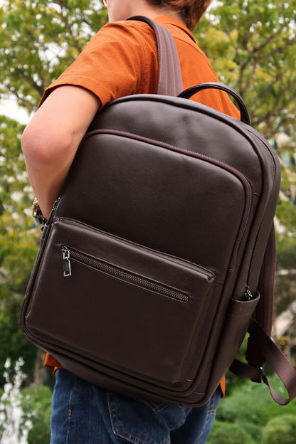 Unisex cowhide leather Multi zip V3 design backpack with luggage/trolley sleeve