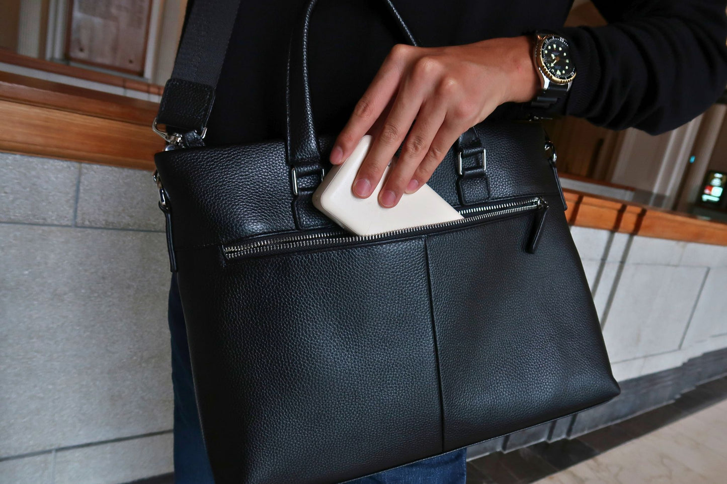 Unisex genuine cowhide leather slim briefcase laptop bag with sling Lev design