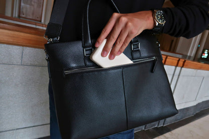 Unisex genuine cowhide leather slim briefcase laptop bag with sling Lev design