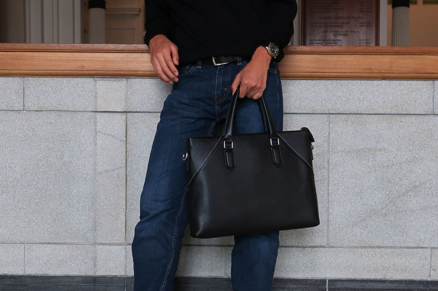 Unisex genuine cowhide leather slim briefcase laptop bag with sling Lev design