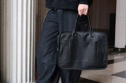 Unisex genuine cowhide leather travel briefcase laptop bag zip design