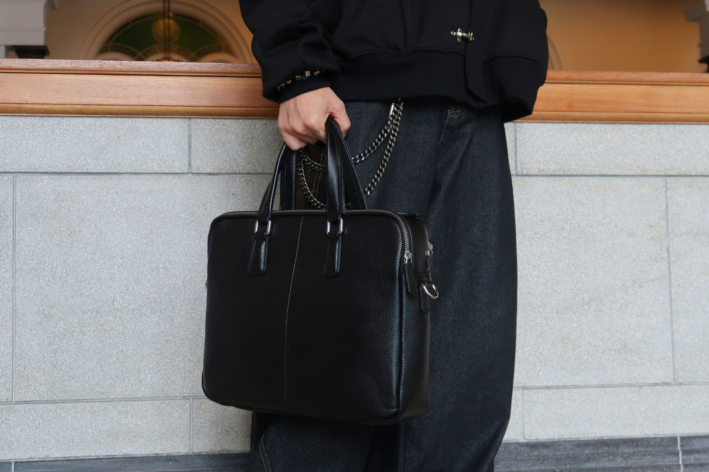 Triple zip unisex cowhide leather briefcase laptop bag with sling