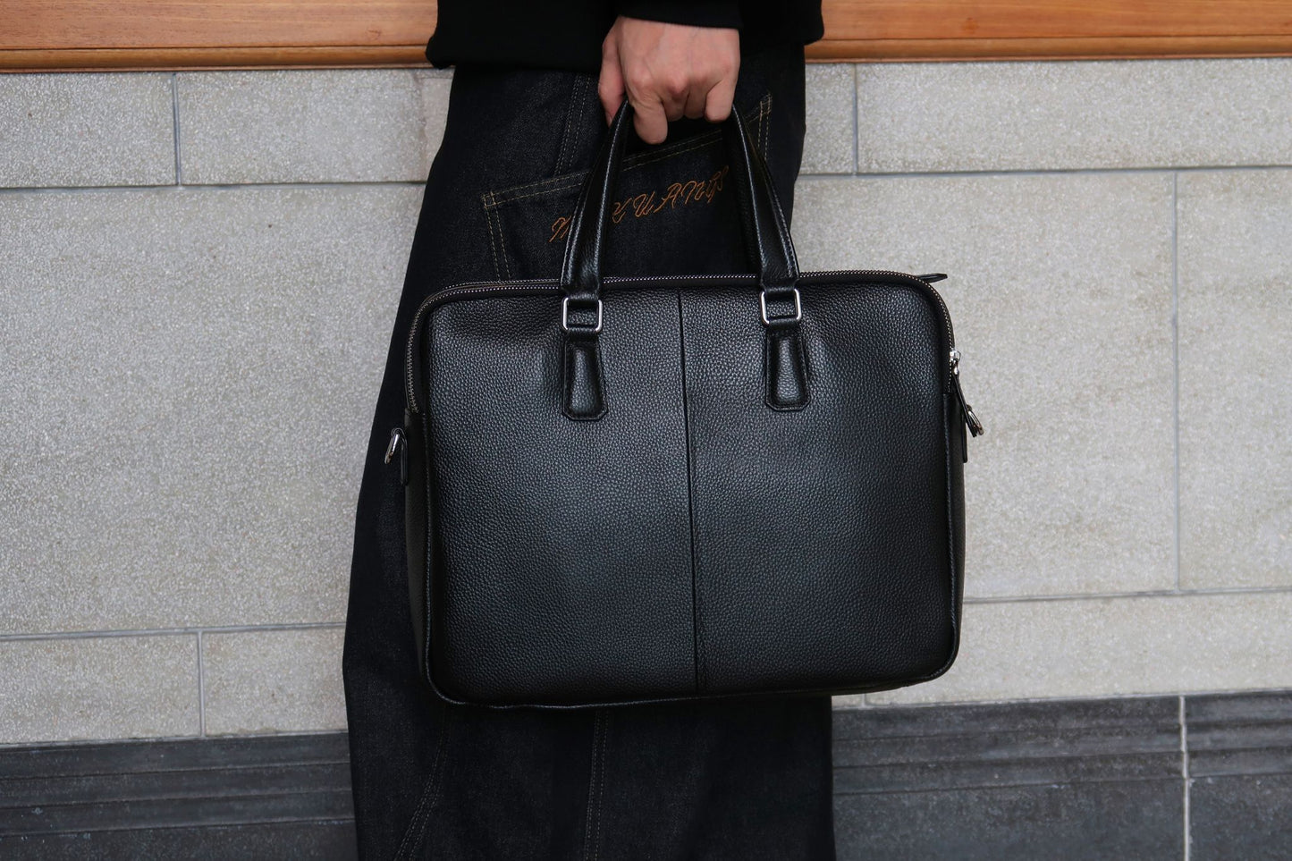 Triple zip unisex cowhide leather briefcase laptop bag with sling