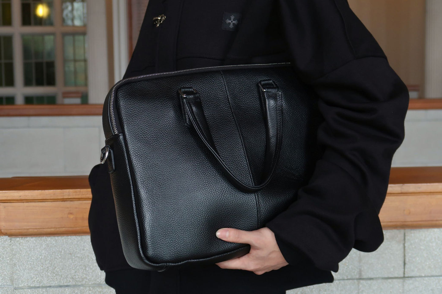 Triple zip unisex cowhide leather briefcase laptop bag with sling