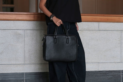 Triple zip unisex cowhide leather briefcase laptop bag with sling