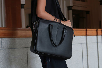 Triple zip unisex cowhide leather briefcase laptop bag with sling