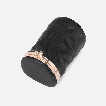 Women's genuine cowhide leather cylinder kiss lock vanity pouch