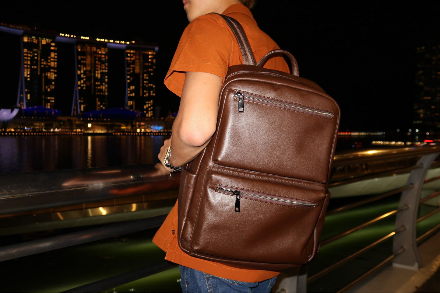 Unisex cowhide leather Multi zip V2 design backpack with luggage/trolley sleeve