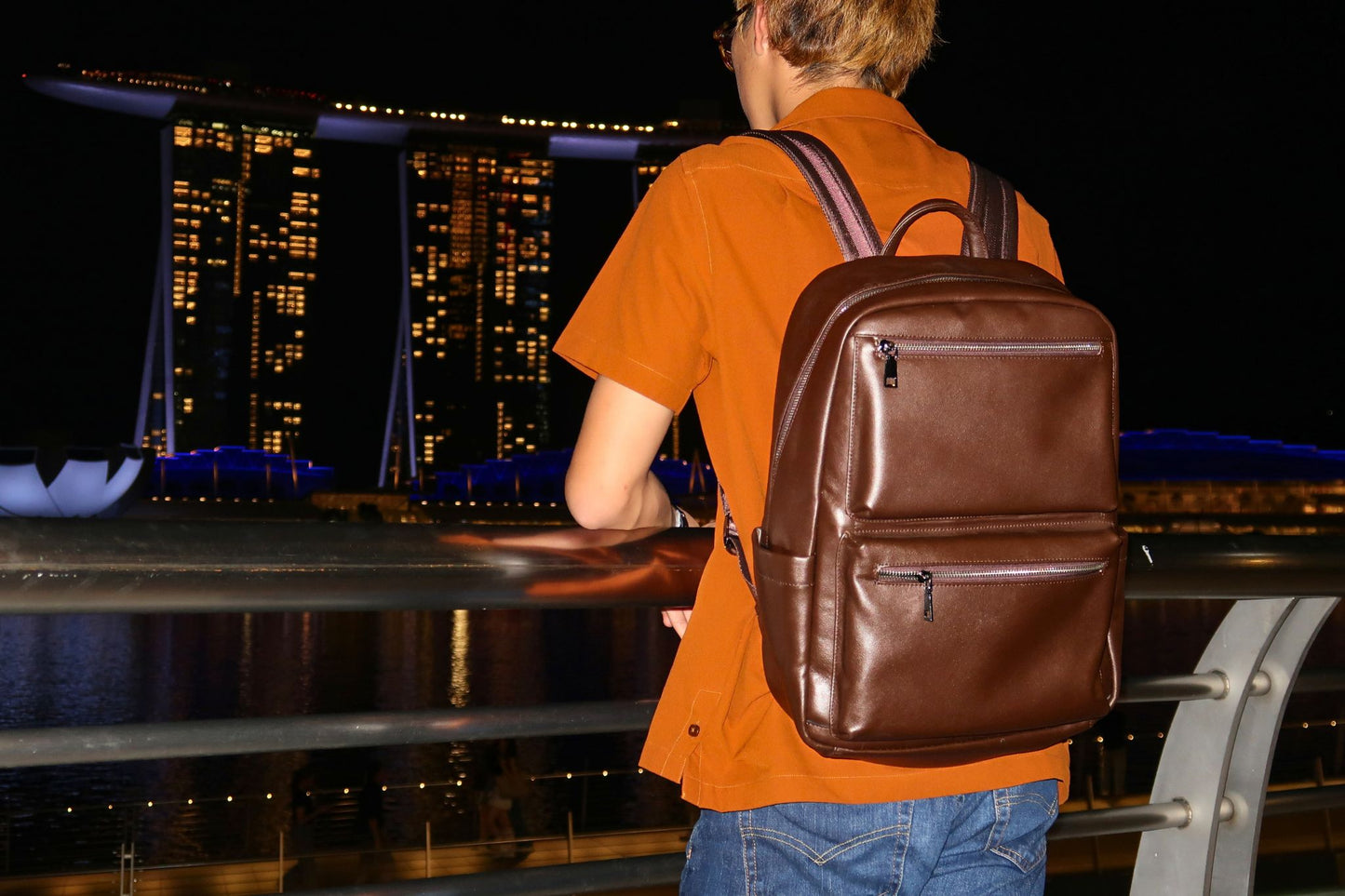 Unisex cowhide leather Multi zip V2 design backpack with luggage/trolley sleeve