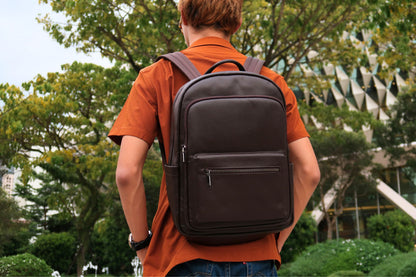 Unisex cowhide leather Multi zip V3 design backpack with luggage/trolley sleeve