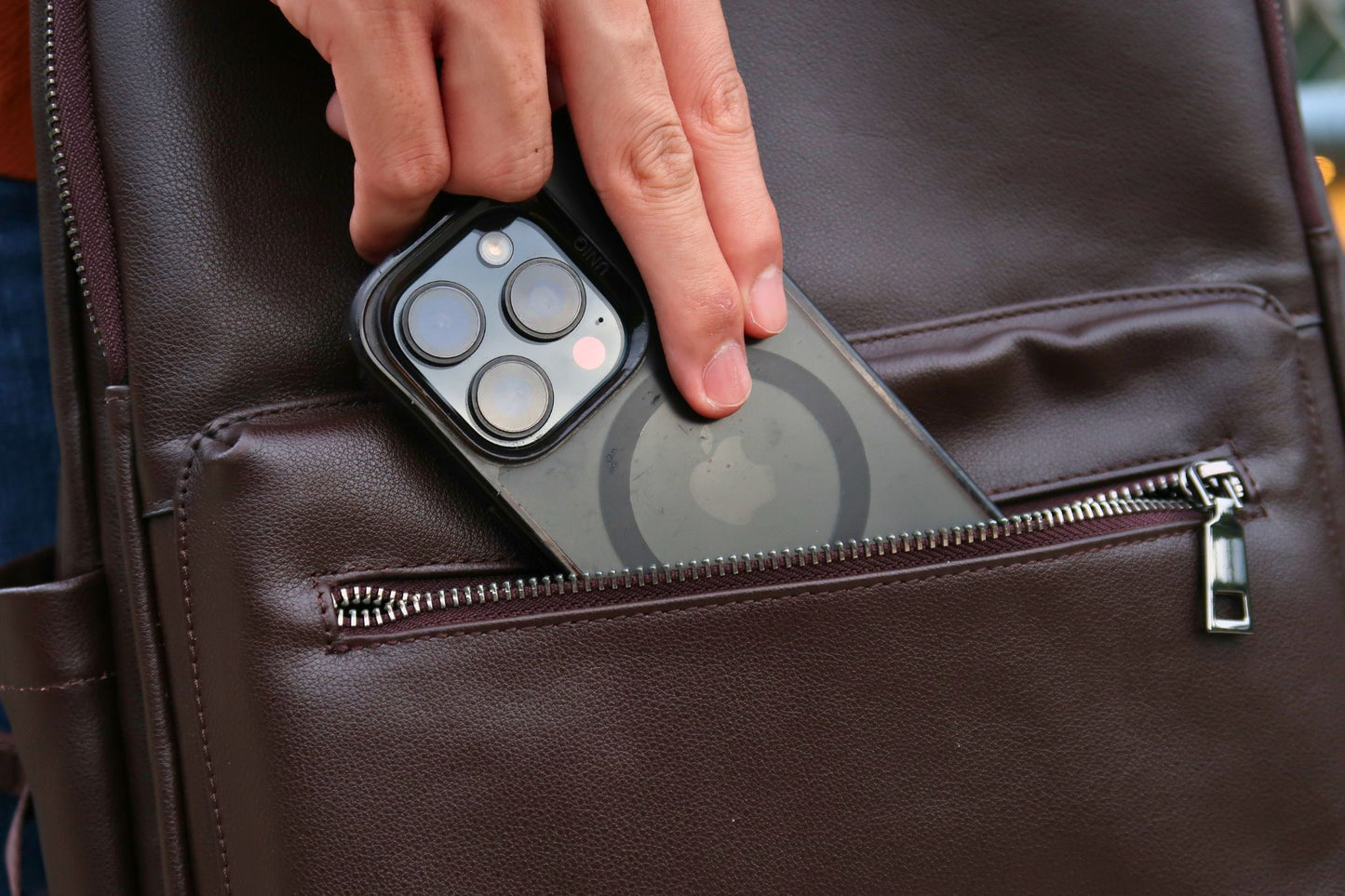 Unisex cowhide leather Multi zip V3 design backpack with luggage/trolley sleeve