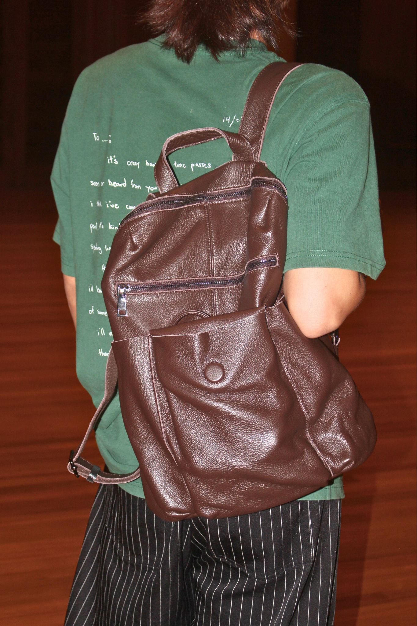 Unisex cowhide leather backpack Snap design with strap pouch
