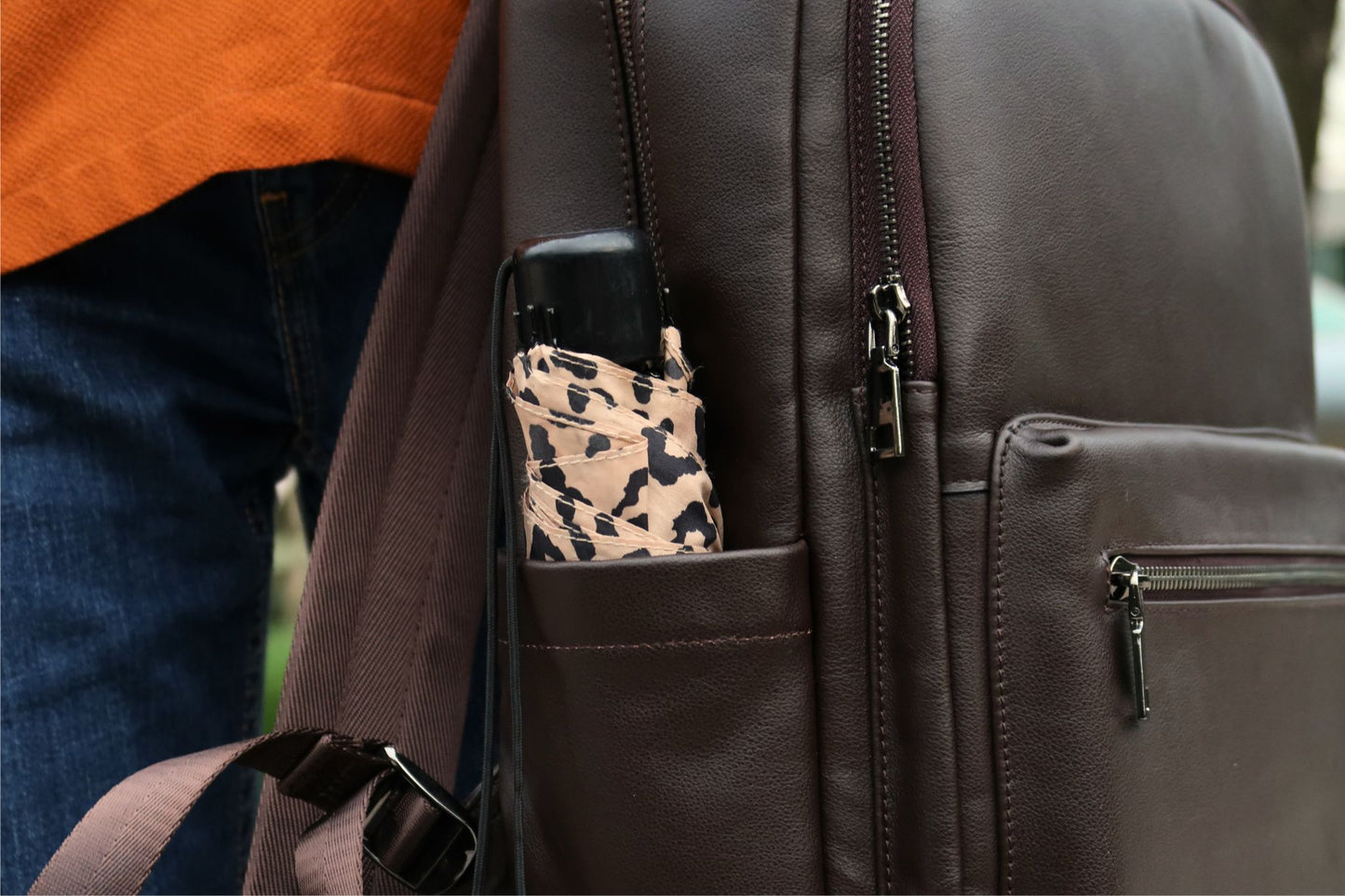 Unisex cowhide leather Multi zip V3 design backpack with luggage/trolley sleeve