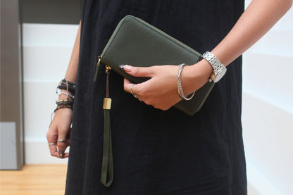 Women's genuine cowhide leather long wallet with removable wrist strap