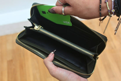 Women's genuine cowhide leather long wallet with removable wrist strap